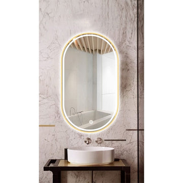 Oglinda Fluminia Dali-Gold cu rama de aluminiu finisaj auriu, iluminare LED 3 culori si dezaburire, ovala, 50x95 cm